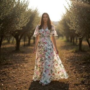 Mac Duggal Floral Print Faux Wrap Flutter Sleeve A-Line Gown Multicolor 4 NWT